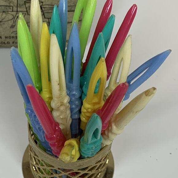 MCM Pick-Ette Pack Appetizer Fork Set 24 Plastic Forks With Gold Tone Holder - Picture 7 of 8